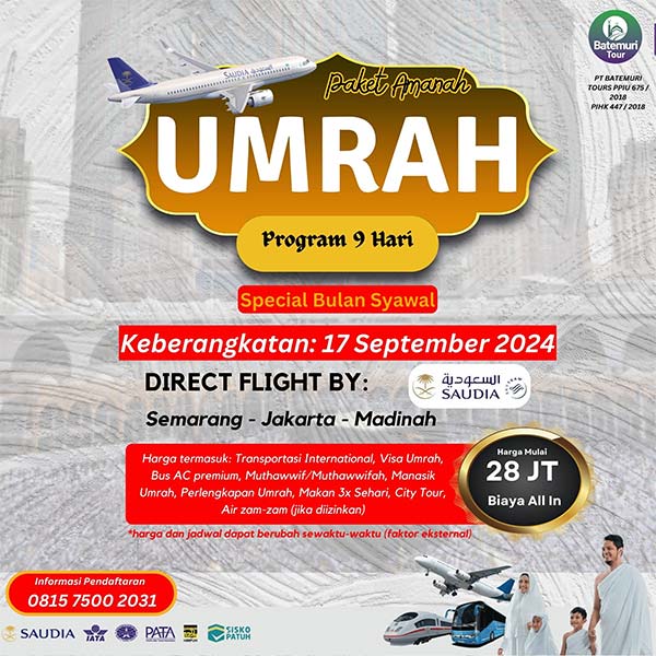Umrah Ku Dakwah ku, Hudaya Safari Tour, Paket 9 hari, Keberangkatan  17 September 2024 